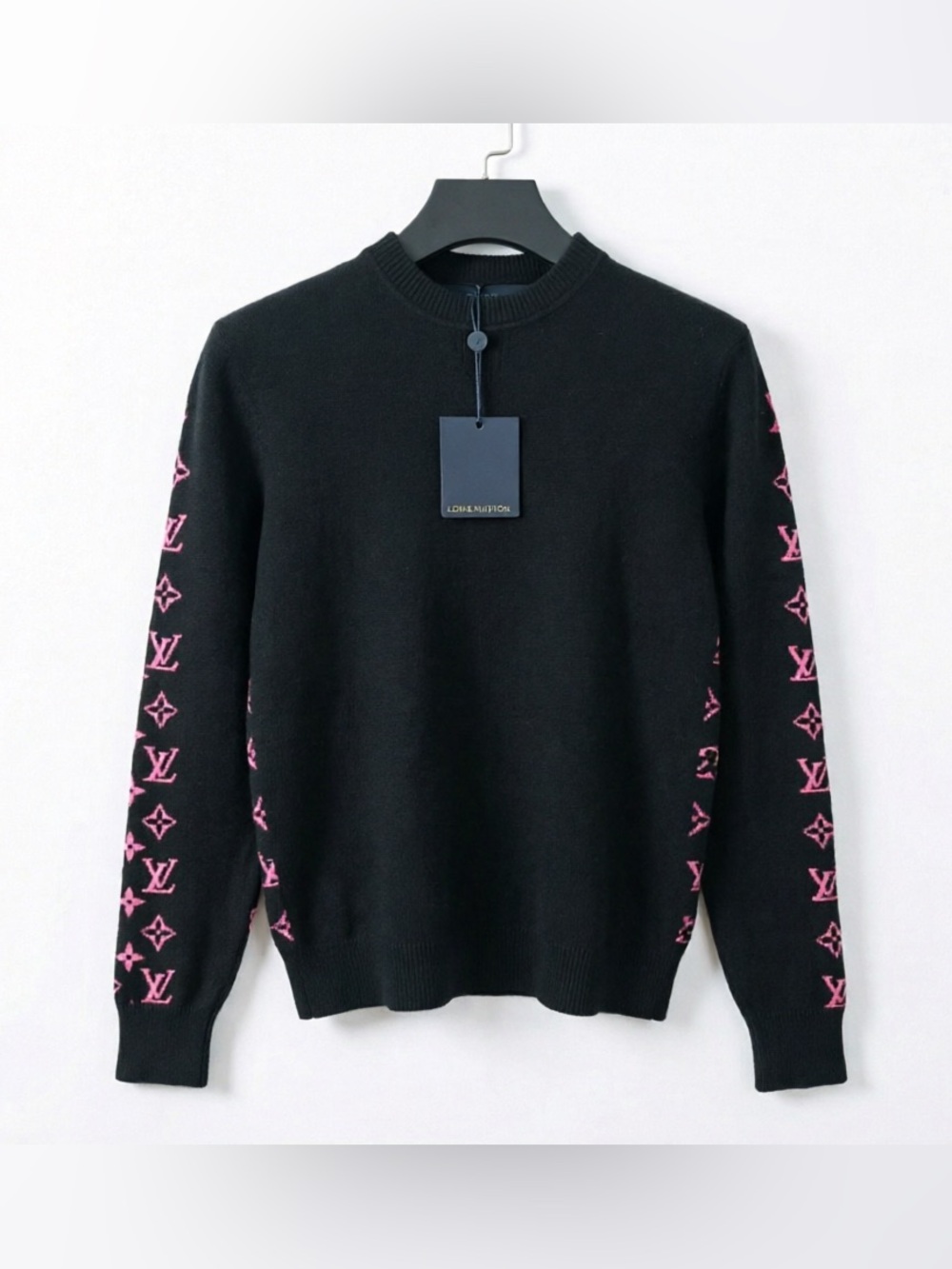 Louis Vuitton Black Crewneck Sweater with Pink Monogram Sleeves